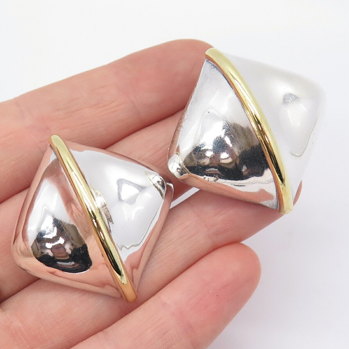 925 Sterling Silver 2-Tone Vintage Mexico Rhombus Hollow Clip On Earrings