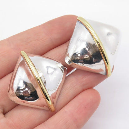 925 Sterling Silver 2-Tone Vintage Mexico Rhombus Hollow Clip On Earrings