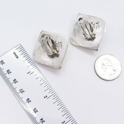 925 Sterling Silver 2-Tone Vintage Mexico Rhombus Hollow Clip On Earrings