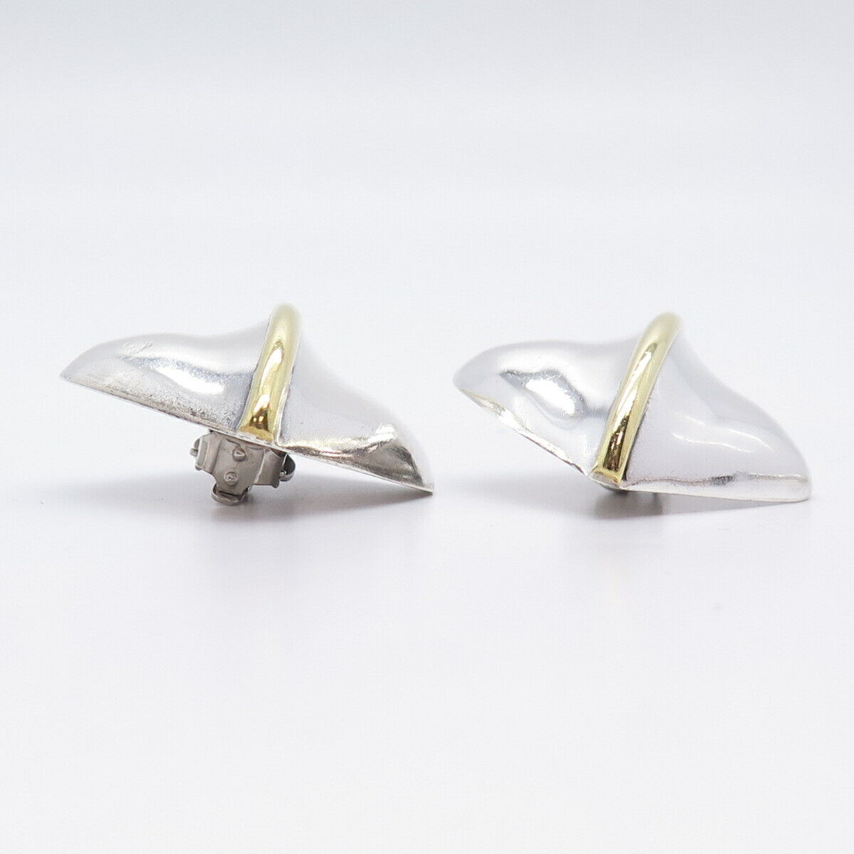 925 Sterling Silver 2-Tone Vintage Mexico Rhombus Hollow Clip On Earrings