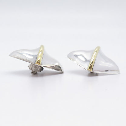 925 Sterling Silver 2-Tone Vintage Mexico Rhombus Hollow Clip On Earrings