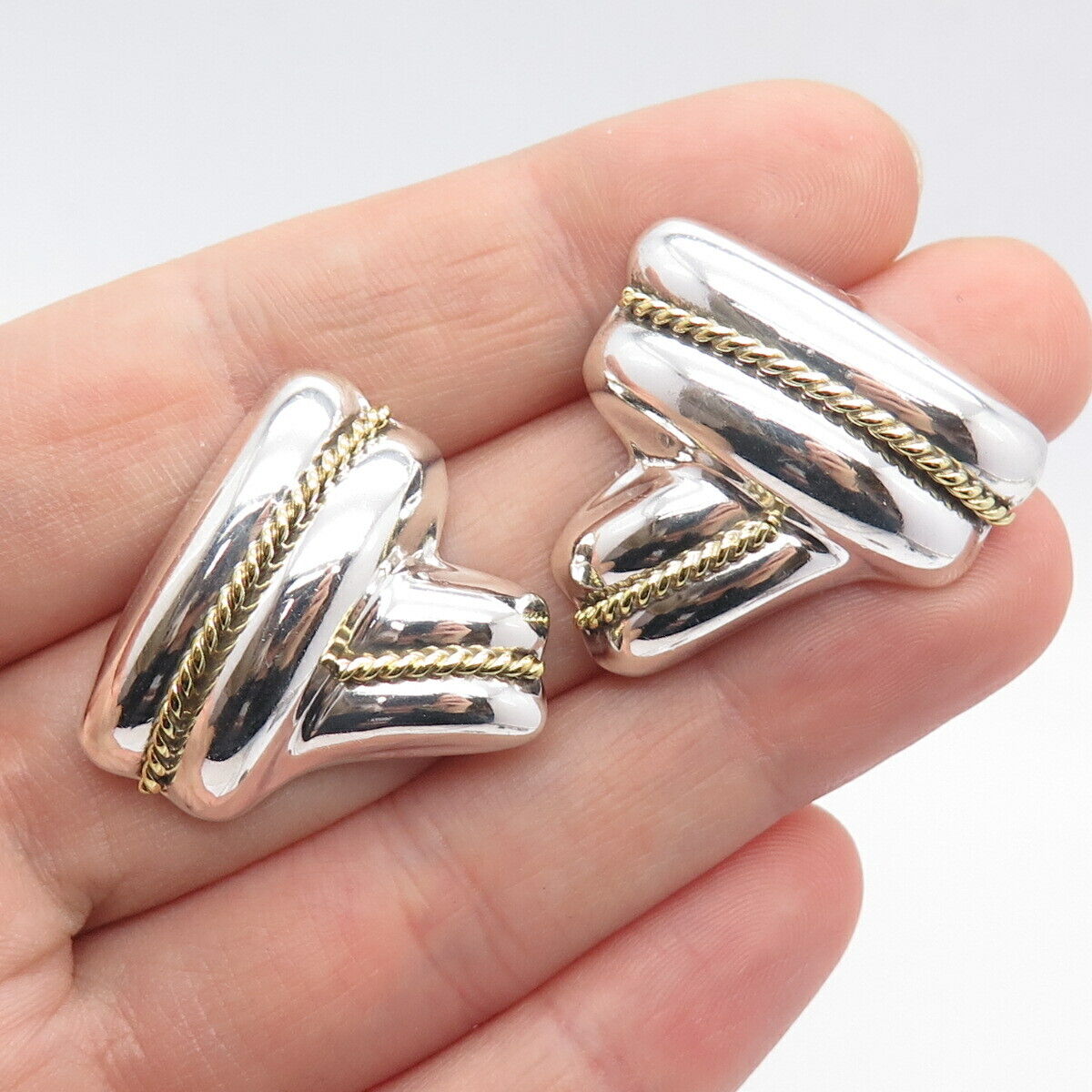 925 Sterling Silver 2-Tone Vintage Mexico Modernist Hollow Earrings