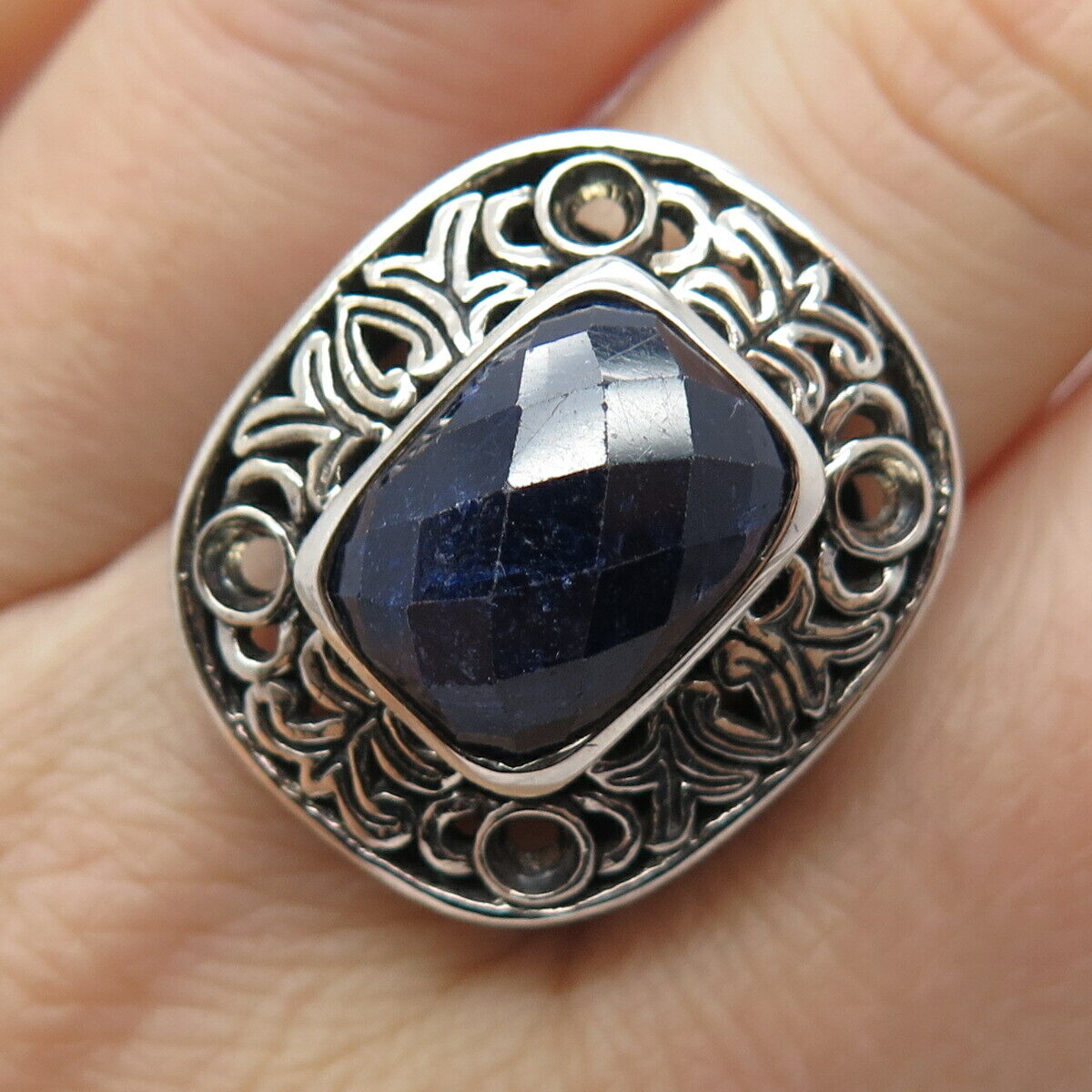 925 Sterling Silver Real Checkered Sapphire Gemstone Ornate Wide Ring Size 8