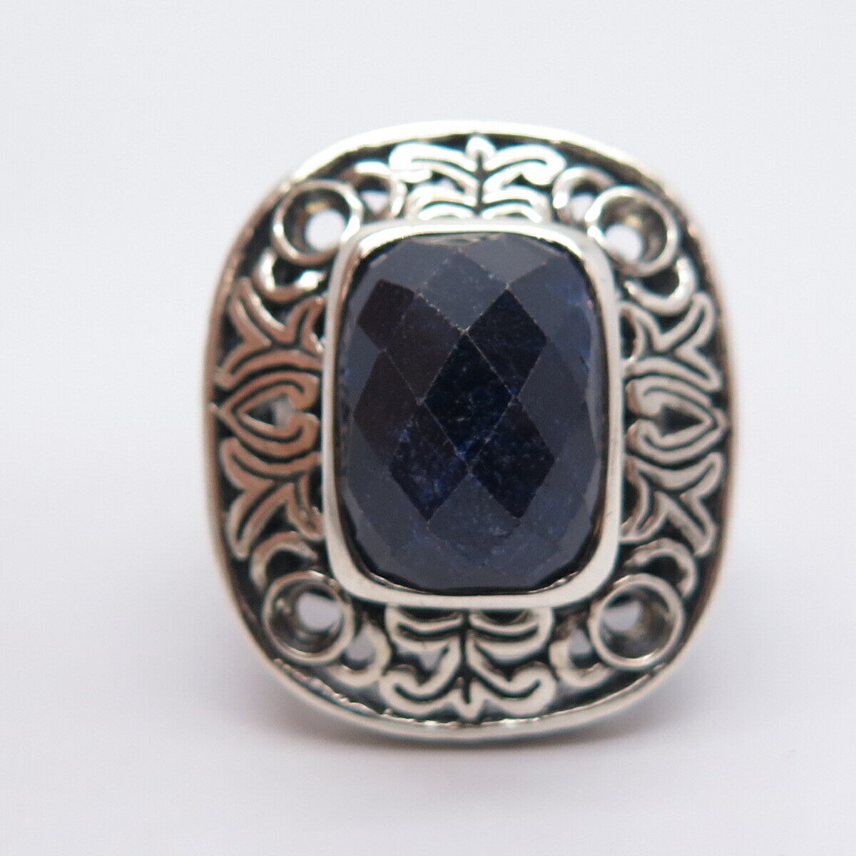 925 Sterling Silver Real Checkered Sapphire Gemstone Ornate Wide Ring Size 8