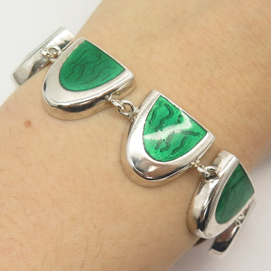 925 Sterling Silver Vintage Green Enamel Tribal Link Bracelet 6 1/4"