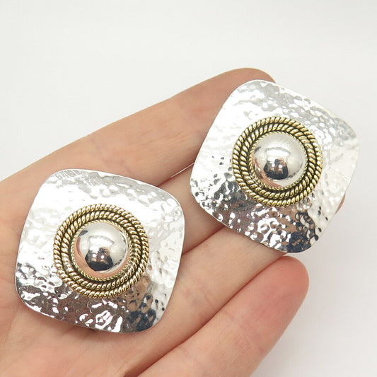 925 Sterling Silver 2-Tone Vintage Mexico Hammered Finish Clip On Earrings