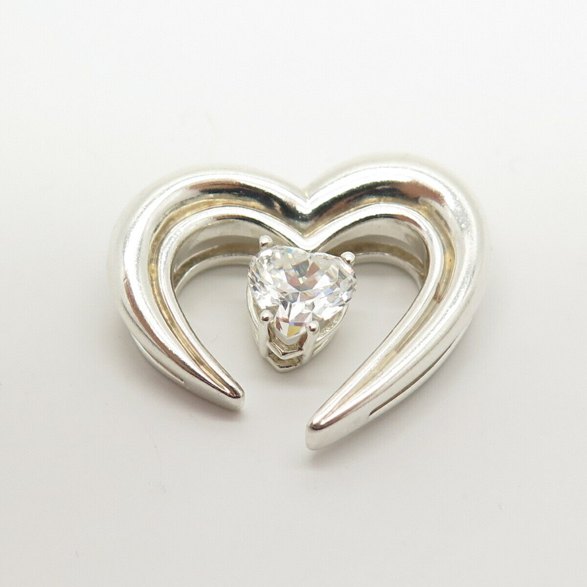 925 Sterling Silver Vintage C Z Abstract Heart Slide Pendant