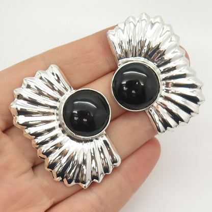 925 Sterling Silver Vintage Mexico Real Black Onyx Gemstone Ribbed Earrings