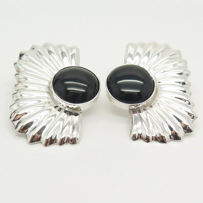 925 Sterling Silver Vintage Mexico Real Black Onyx Gemstone Ribbed Earrings