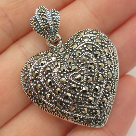 925 Sterling Silver Vintage Real Marcasite Gemstone Hollow Heart Pendant