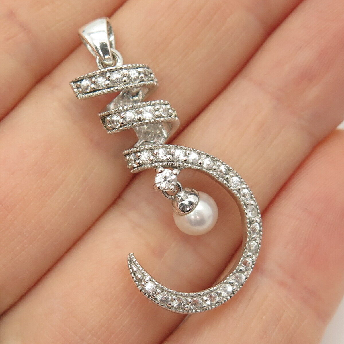 925 Sterling Silver Pave C Z & Faux Pearl Crescent Moon Pendant