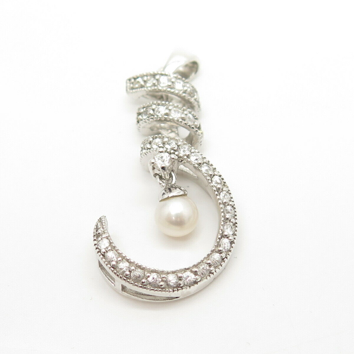 925 Sterling Silver Pave C Z & Faux Pearl Crescent Moon Pendant