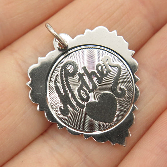 925 Sterling Silver Vintage Satin Finish "Mother" Heart Charm Pendant