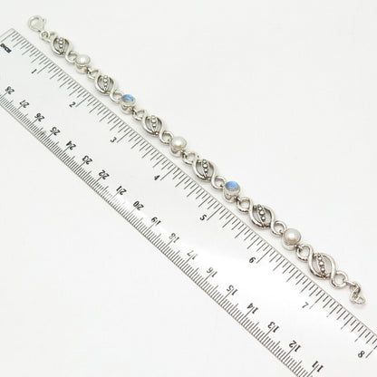 925 Sterling Silver Real Pearl & Moonstone Gem Link Bracelet 7 1/4"