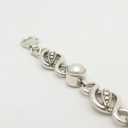 925 Sterling Silver Real Pearl & Moonstone Gem Link Bracelet 7 1/4"