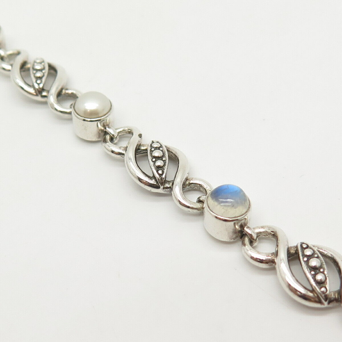 925 Sterling Silver Real Pearl & Moonstone Gem Link Bracelet 7 1/4"