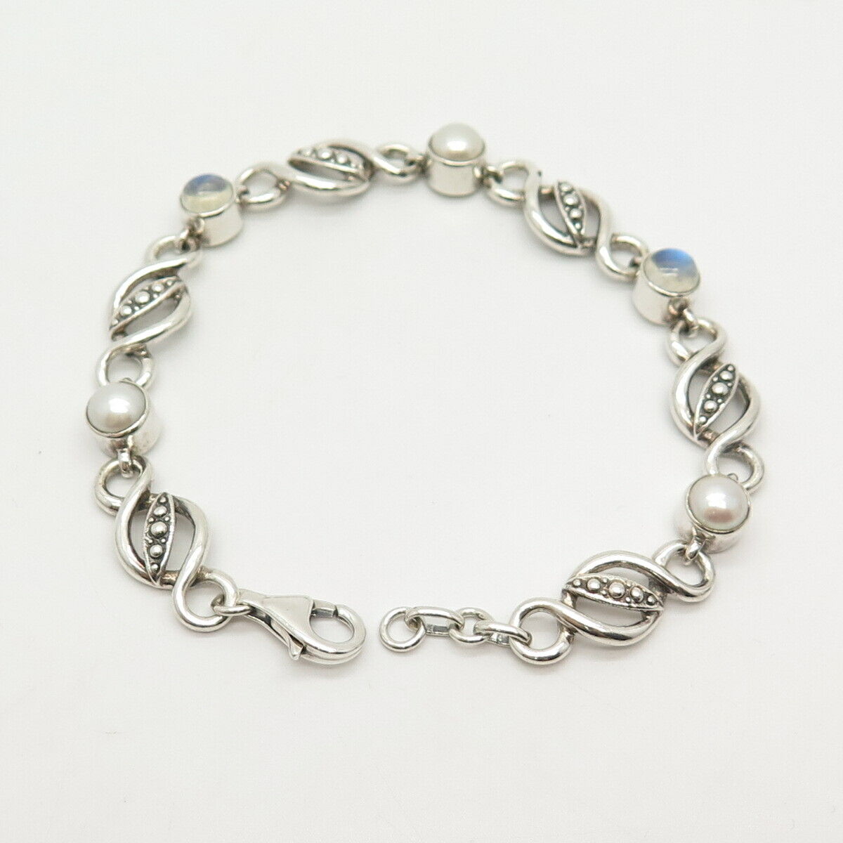 925 Sterling Silver Real Pearl & Moonstone Gem Link Bracelet 7 1/4"