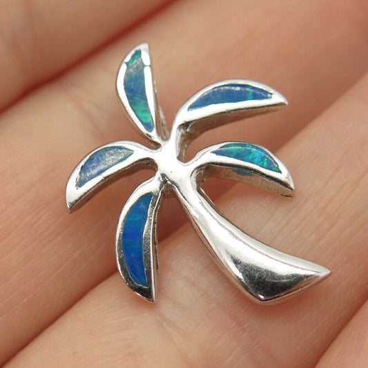 925 Sterling Silver Real Opal Gem Inlay Palm Tree Design Slide Pendant