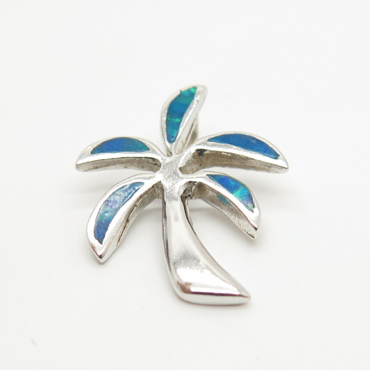 925 Sterling Silver Real Opal Gem Inlay Palm Tree Design Slide Pendant