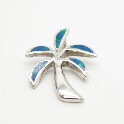 925 Sterling Silver Real Opal Gem Inlay Palm Tree Design Slide Pendant