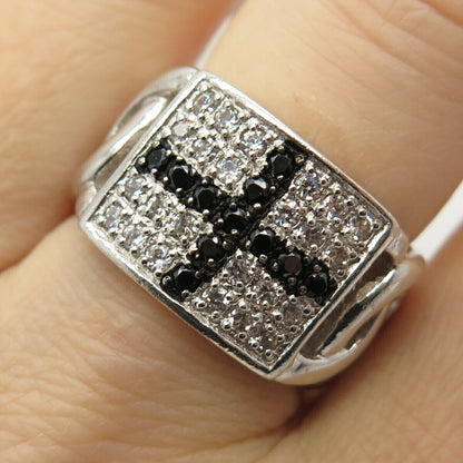 925 Sterling Silver White & Black C Z Cross Accent Ring Size 8