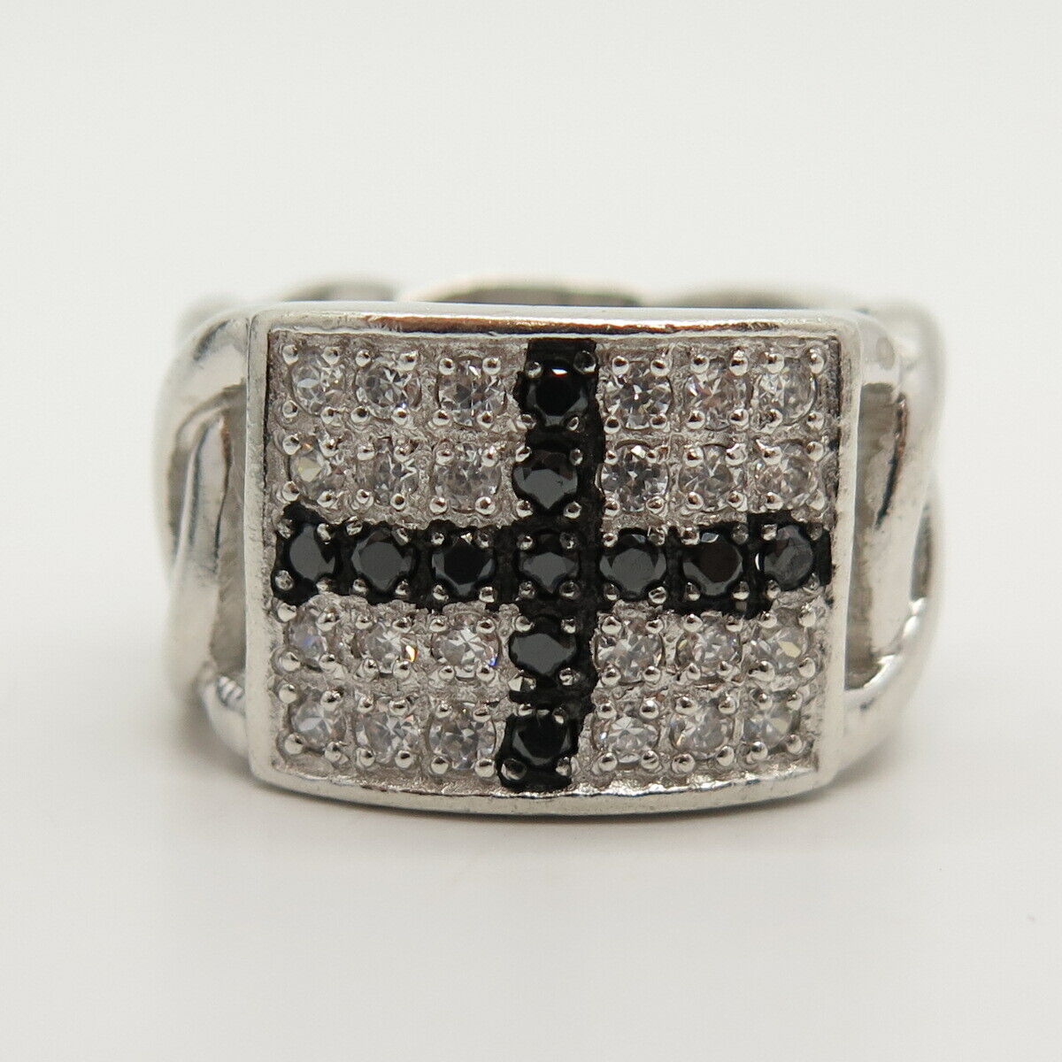 925 Sterling Silver White & Black C Z Cross Accent Ring Size 8