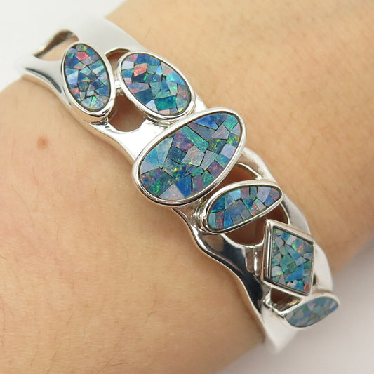 925 Sterling Silver Vintage Opal Gem Inlay Geometric Shapes Cuff Bracelet 6.5"