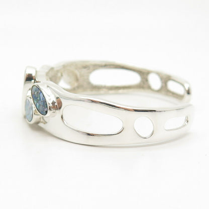 925 Sterling Silver Vintage Opal Gem Inlay Geometric Shapes Cuff Bracelet 6.5"