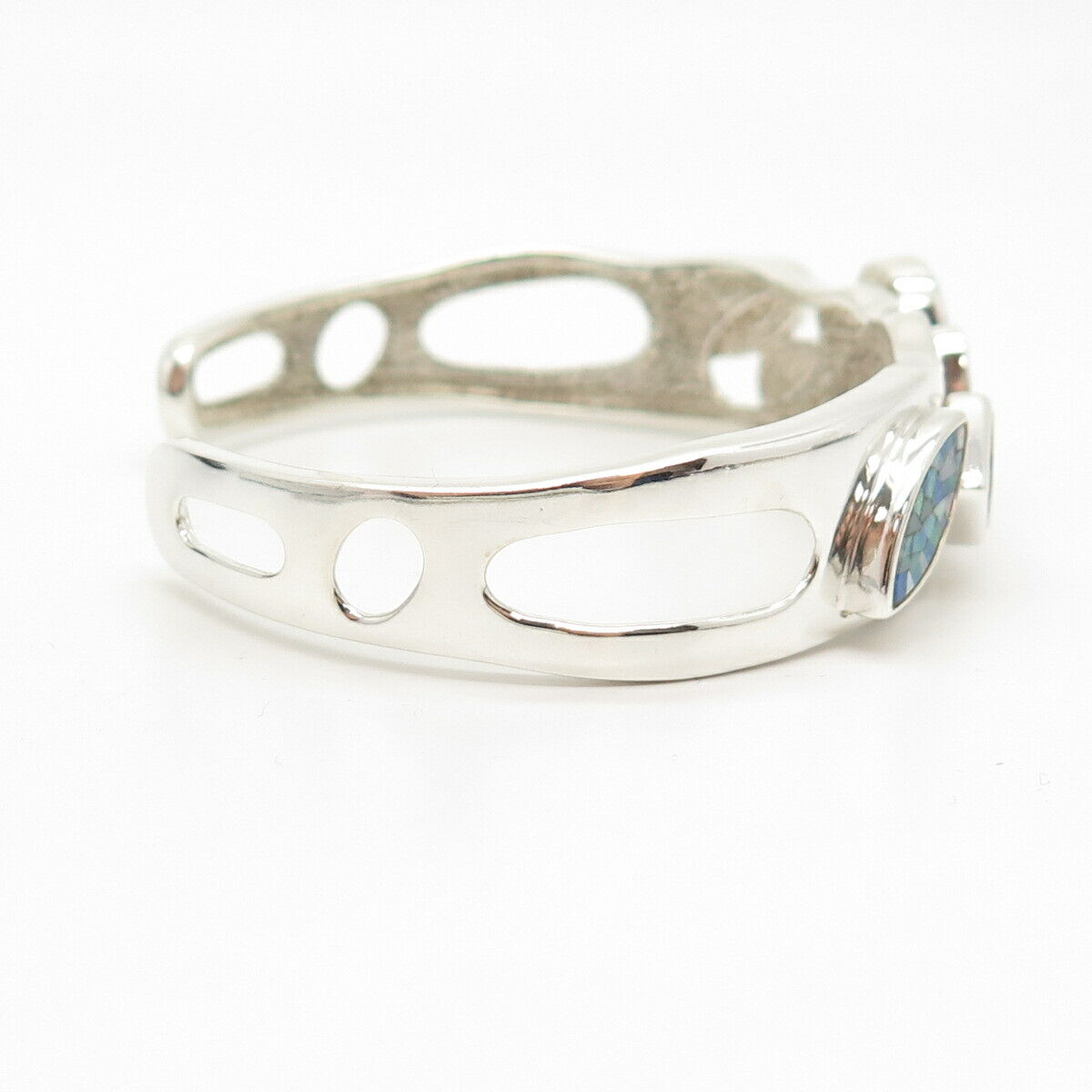 925 Sterling Silver Vintage Opal Gem Inlay Geometric Shapes Cuff Bracelet 6.5"