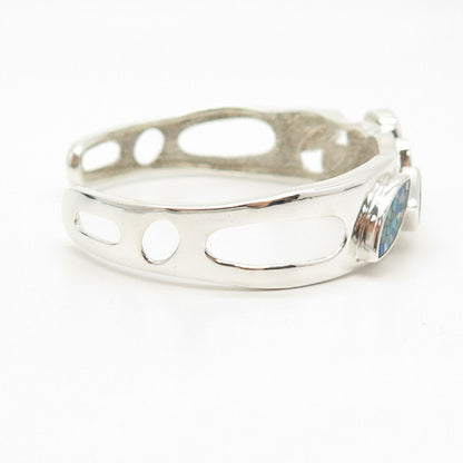 925 Sterling Silver Vintage Opal Gem Inlay Geometric Shapes Cuff Bracelet 6.5"