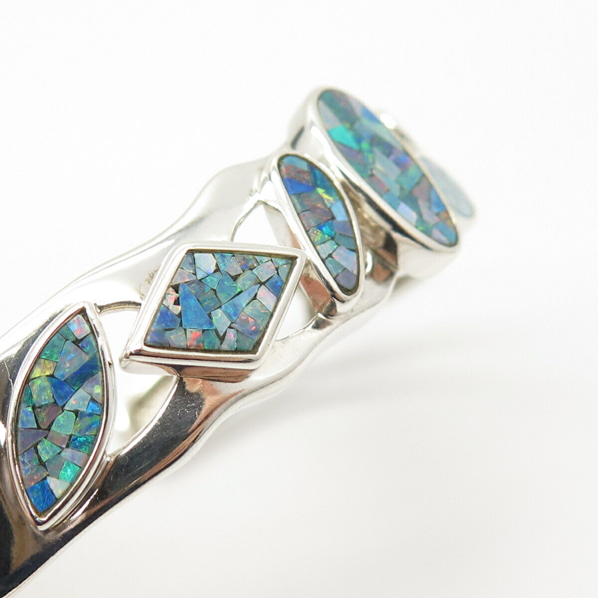 925 Sterling Silver Vintage Opal Gem Inlay Geometric Shapes Cuff Bracelet 6.5"