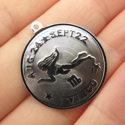 925 Sterling Silver Vintage Virgo Zodiac Sign Round Pendant