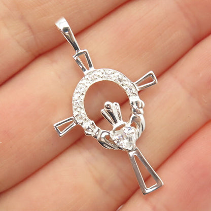 925 Sterling Silver C Z Irish Claddagh Design Cross Pendant