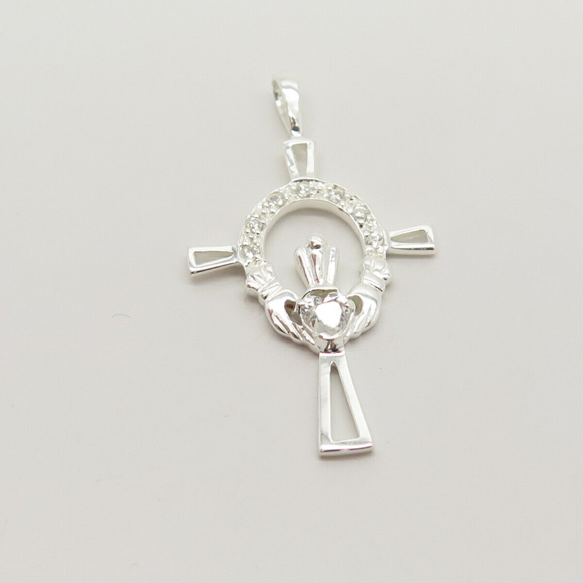 925 Sterling Silver C Z Irish Claddagh Design Cross Pendant