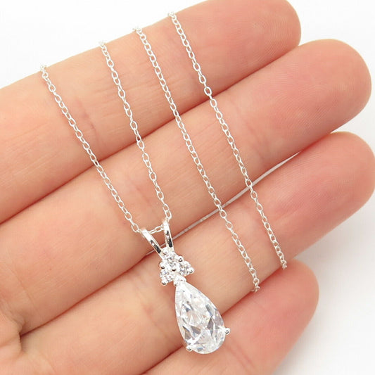 925 Sterling Silver C Z Drop Pendant Rolo Chain Necklace  17.5"