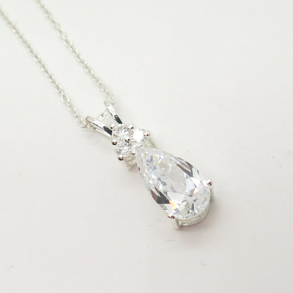 925 Sterling Silver C Z Drop Pendant Rolo Chain Necklace  17.5"