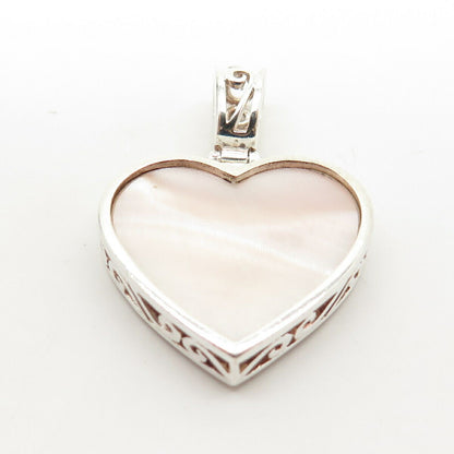 925 Sterling Silver Vintage Real Mother-of-Pearl Heart Swirl Design Pendant