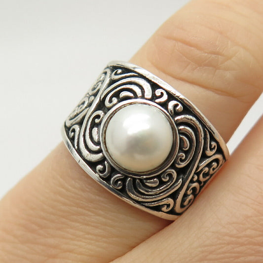 925 Sterling Silver Vintage Suarti Bali Faux Pearl Swirl  Ring Size 5.5