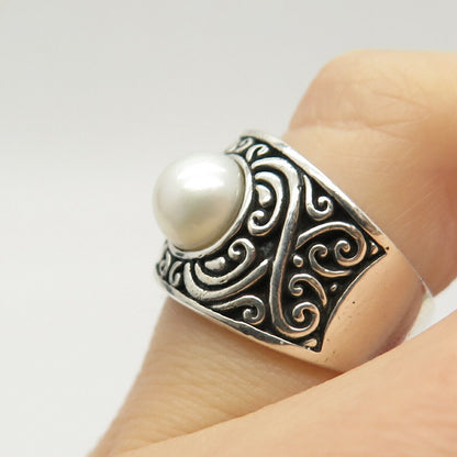 925 Sterling Silver Vintage Suarti Bali Faux Pearl Swirl  Ring Size 5.5