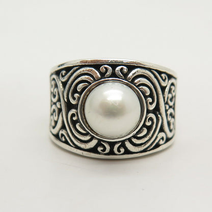 925 Sterling Silver Vintage Suarti Bali Faux Pearl Swirl  Ring Size 5.5