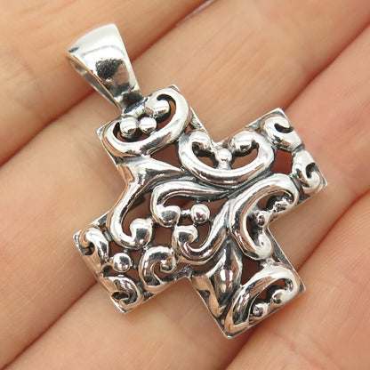 925 Sterling Silver Vintage Swirl & Bead Cross Pendant