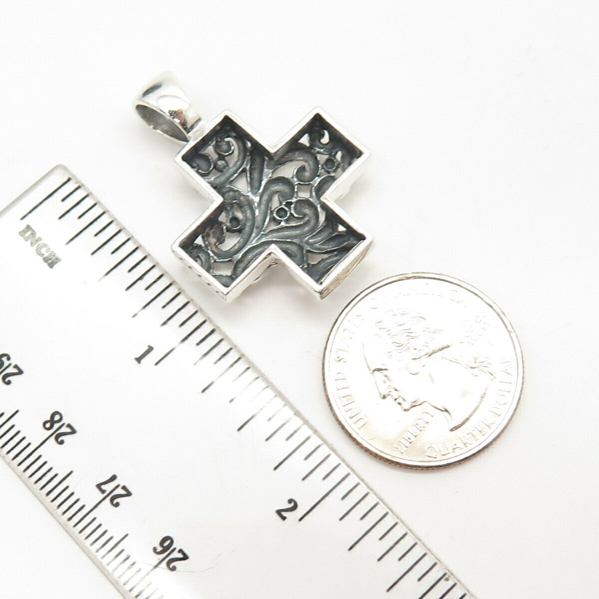 925 Sterling Silver Vintage Swirl & Bead Cross Pendant