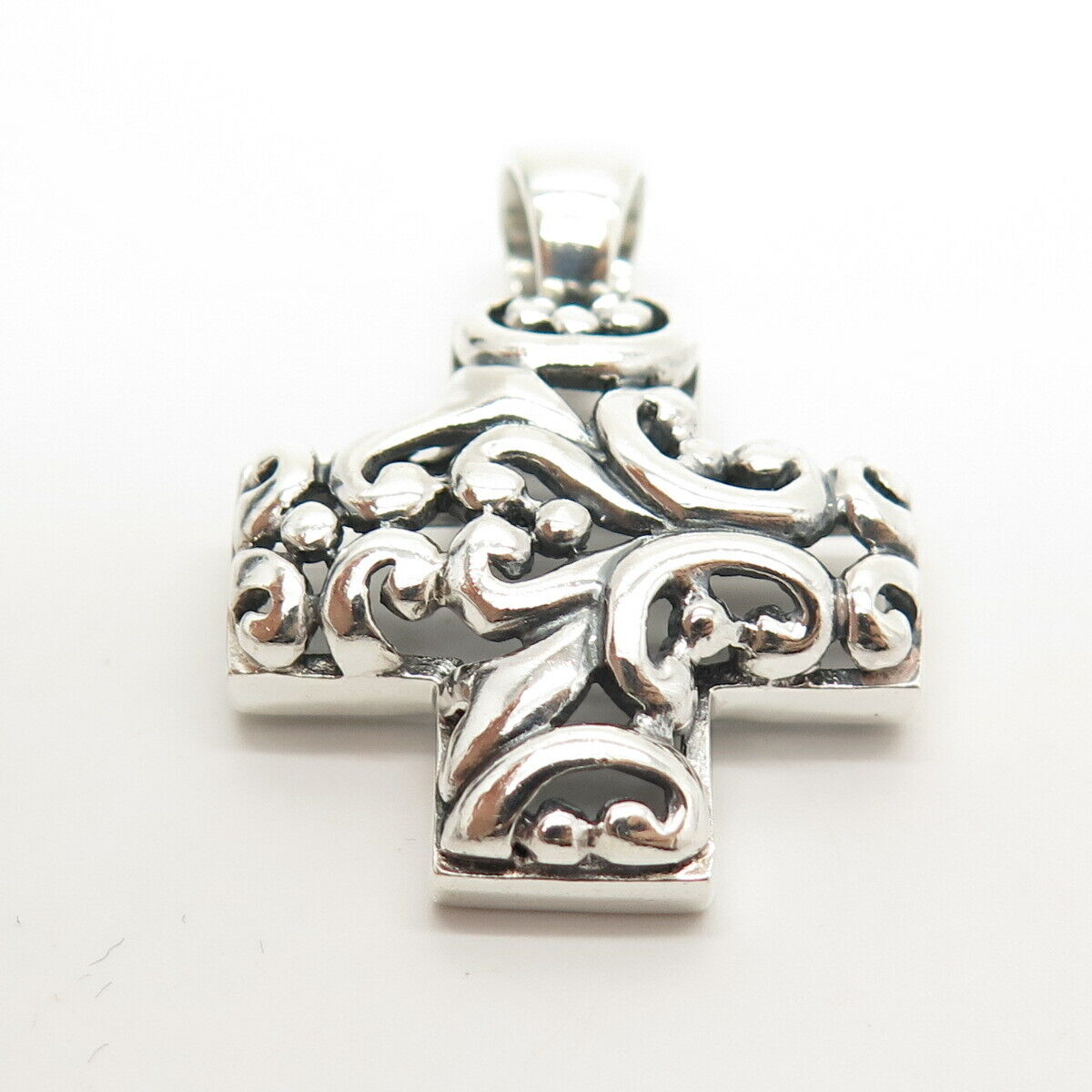 925 Sterling Silver Vintage Swirl & Bead Cross Pendant