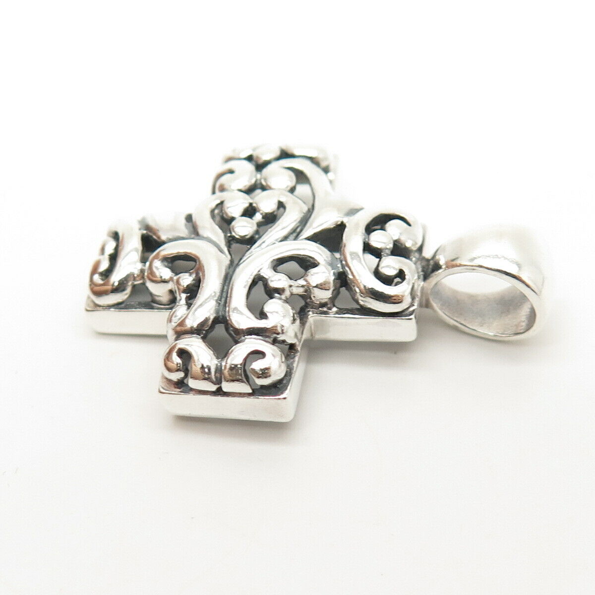 925 Sterling Silver Vintage Swirl & Bead Cross Pendant