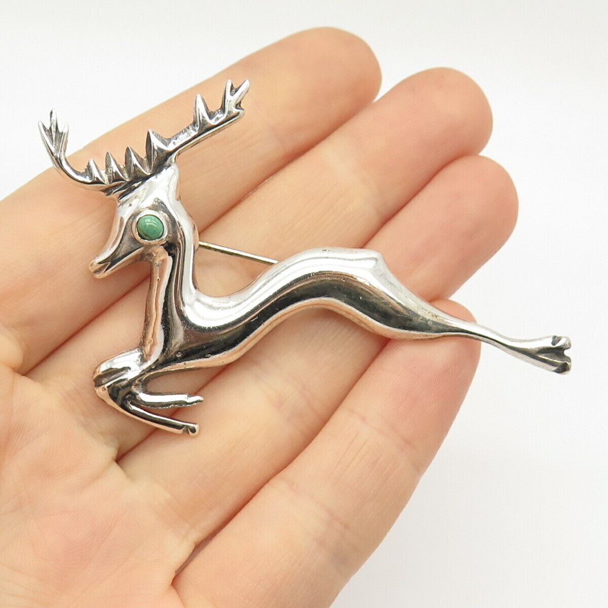 925 Sterling Silver Vintage Mexico Real Turquoise Gem Leaping Deer Pin Brooch