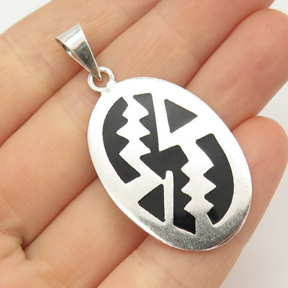 925 Sterling Silver Vintage Mexico Enamel Tribal Oval Pendant