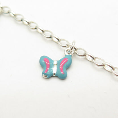 925 Sterling Silver Enamel Butterfly Charms Cable Link Bracelet 5 3/4"