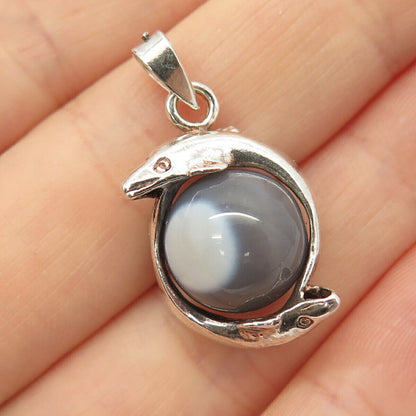 925 Sterling Silver Vintage Real Agate Gem Friendly Dolphins Pendant