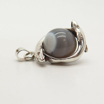 925 Sterling Silver Vintage Real Agate Gem Friendly Dolphins Pendant