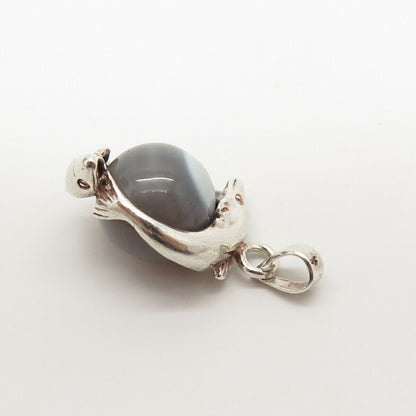 925 Sterling Silver Vintage Real Agate Gem Friendly Dolphins Pendant